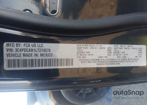 2020 Dodge Journey Se Value z USA, uszkodzony, nr VIN 3C4PDCAB1LT274576